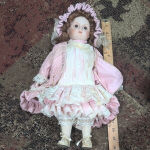 Porcelain Collector Doll in Pink Lace Dress with Bonnet